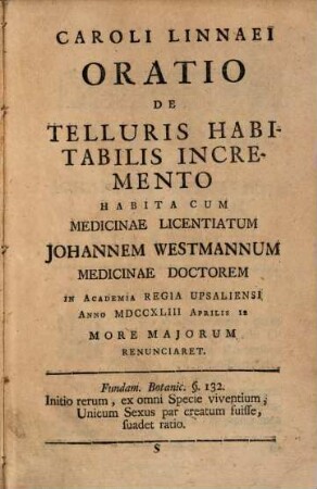 Oratio de telluris habitabilis incremento : cum Progr.