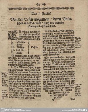 Das I. Capitel. Von den Offen insgemein/ deren Unterscheid und Gebrauch/ auch wie vielerley Gattungen derselbigen seynd.