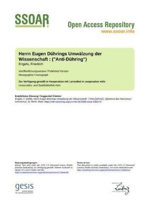 Herrn Eugen Dührings Umwälzung der Wissenschaft : ("Anti-Dühring")