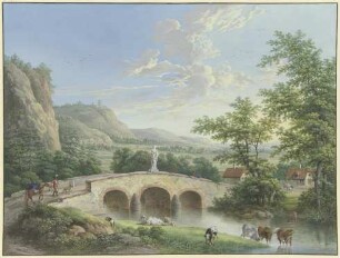Tallandschaft mit einer steinernen Brücke, auf deren Brüstung eine antike Skulptur aufgestellt ist