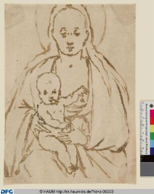 Sitzende Madonna mit entblößter Brust
