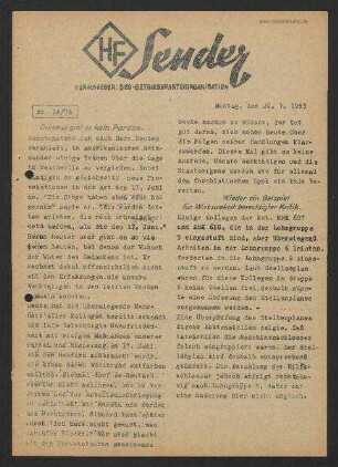 'HF-Sender' [Flugblatt], Nr.14/1953 (20. Juli 1953)
