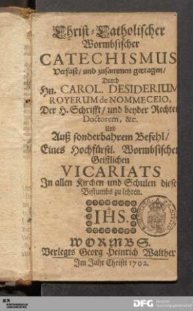 Christ-Catholischer Wormbsischer Catechismus