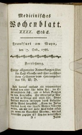 XXXX. Stück. Frankfurt am Mayn, den 7. Octb. 1786. - XXXXIII. Stück. Frankfurt am Mayn, den 28. Octob. 1786.