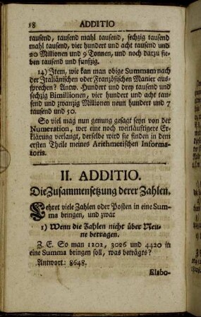 II. Additio. Die Zusammensetzung derer Zahlen.