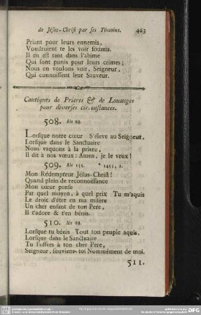 Cantiques de Prieres & de Louanges pour diverses circonstances