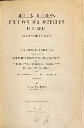 Martin Opitzen's Buch von der deutschen Poeterei : ein kritischer Versuch