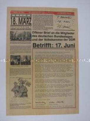 Sonderdruck mit dem Text und den Namen der Unterzeichner eines offenen Briefes an den Bundestag und die Volkskammer zur Einführung des 18. März als gesamtdeutschen Feiertag