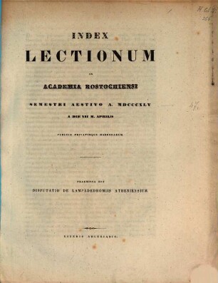 Index lectionum in Academia Rostochiensi ... publice privatimque habendarum. SS 1845