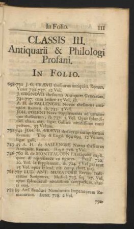 Classis III. Antiquarii & Philologi Profani. In Folio