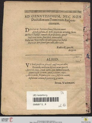 Ad ornatissimum, nec non Doctissimum Dominum Respondentem