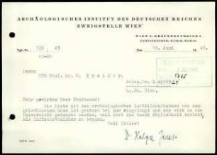 Empfangsbestätigung; AIDR, Zweigstelle Wien an Wilhelm Kraiker
