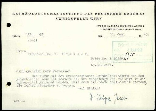 Empfangsbestätigung; AIDR, Zweigstelle Wien an Wilhelm Kraiker