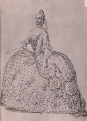 Teresa Albuzzi-Todeschini als Aristea in "L'Olimpiade" von Metastasio und Hasse. Hoftheater Dresden, Uraufführung 16. Februar 1756. Federzeichnung von F. Ponte, Blatt 3 in: Vestiarium der Oper "L'Olimpiade". Dresden: Kupferstich-Kabinett Ca 105
