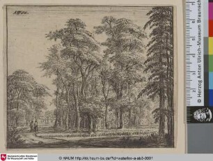 [Pfad durch den Wald; Path in a wood with two men on the left]