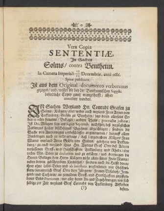 Vera Copia Sententiae, In Sachen Solms/ contra Bentheim.