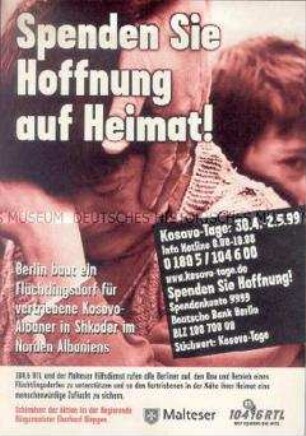 Flugblatt mit einem Aufruf zu Spenden für ein Hilfsprojekt für Kosovo-Flüchtlinge in Albanien