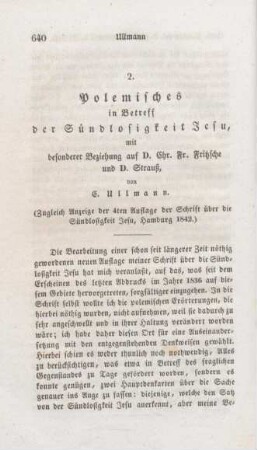 640-710 Polemisches in Betreff der Sündlosigkeit Jesu, mit besonderer Beziehung auf D. Fritzsche und D. Strauß