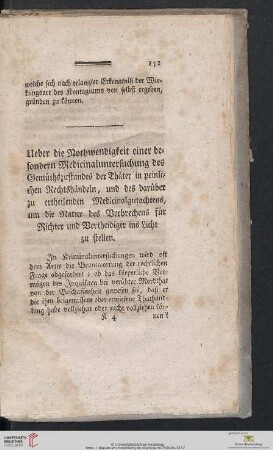 Ueber die Nothwendigkeit einer besondern Medicinaluntersuchung des Gemüthszustandes der Thäter in peinlichen Rechtshändeln, und des darüber zu ertheilenden Medicinalgutachtens, [...]