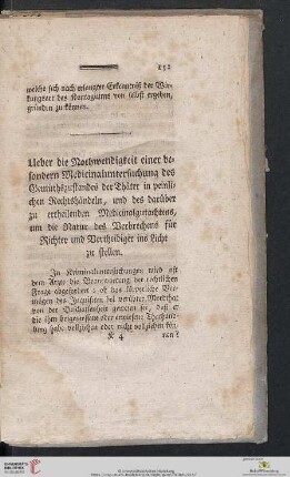 Ueber die Nothwendigkeit einer besondern Medicinaluntersuchung des Gemüthszustandes der Thäter in peinlichen Rechtshändeln, und des darüber zu ertheilenden Medicinalgutachtens, [...]
