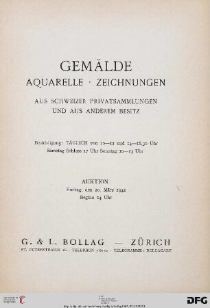 Gemälde, Aquarelle, Zeichnungen aus Schweizer Privatsammlungen und aus anderem Besitz : 20. März 1942