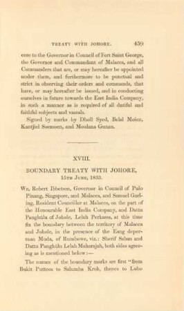 No. XVIII. Boundary treaty with Johore, 15 th June, 1833