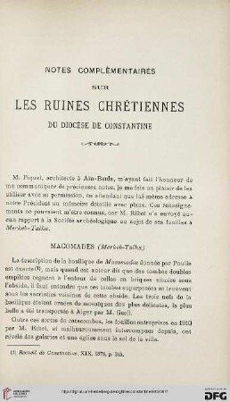 Sér. 5: Notes complémentaires sur les ruines chrétiennes du diocèse de Constantine