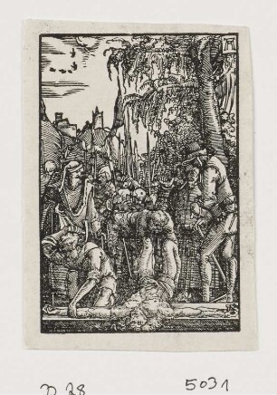 Christus wird ans Kreuz genagelt, Blatt 28 der Folge "Sündenfall und Erlösung des Menschengeschlechts"
