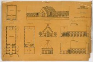 Turn- und Festhalle in einer Kleinstadt Monatskonkurrenz März 1919: Lageplan 1:1000; Grundriss Erdgeschoss, Emporengeschoss, Aufriss Straßenansicht, Seitenansicht, Längsschnitt, Querschnitt 1:200; Maßstabsleiste