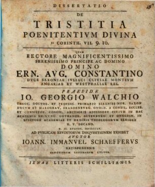 Dissertatio De Tristitia Poenitentivm Divina : II Corinth. VII. 9. 10.