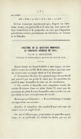 Solution de la question proposée au concours général de 1885.