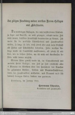 Zur gütigen Beachtung meiner werthen Herren Collegen und Fabrikanten