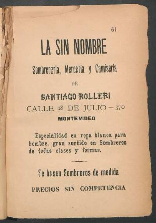 [Publicidad de] La sin nombre - sastrería, mercería y camisería