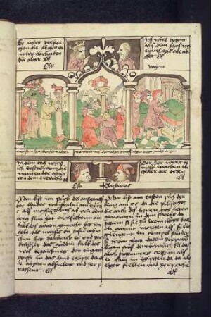 (1) Antitypus: Sturz des ägyptischen Götzen; Typen: (2) Moses zerbricht die Gesetzestafeln; (3) Der zerbrochene Götze Dagon; (4) Propheten-Brustbilder