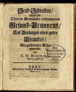 Send-Schreiben, wegen des Ohnweit Neumünster entsprungenen Gesund-Brunnens