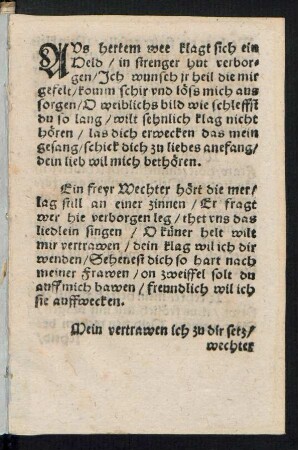 AVs hertem wee klagt sich ein || Held/ in strenger hut verbor=||gen/