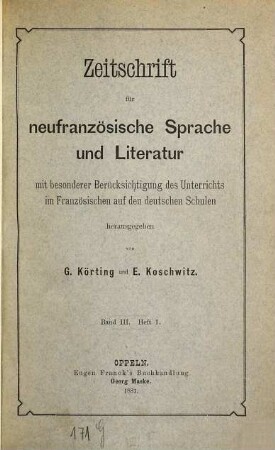 Zeitschrift für neufranzösische Sprache und Litteratur. 3. 1881/82