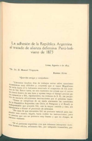 La adhesión de la República Argentina al tratado de alianza defensiva Perú-boliviano de 1873 - [Continuación]