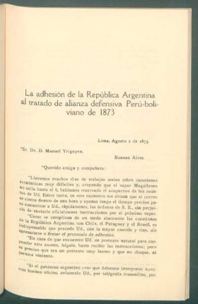 La adhesión de la República Argentina al tratado de alianza defensiva Perú-boliviano de 1873 - [Continuación]