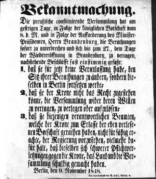 Bekanntmachung. Die preußische constituirende Versammlung [...] (Sammlung Friedlaender)