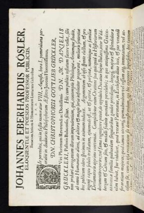Johannes Eberhardus Rösler, Eloquentiae Et Poeseos Professor Publicus, Bonarum Artium & Humaniorum Literarum Cultoribus S. P. D.