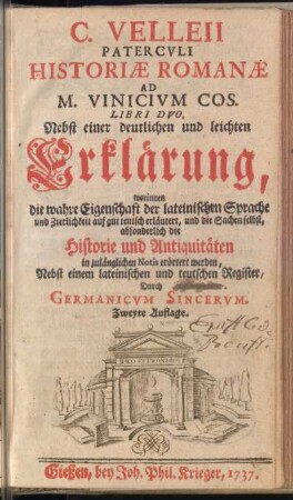 C. Velleii Patercvli Historiæ Romanæ Ad M. Vincivm Cos. Libri Dvo