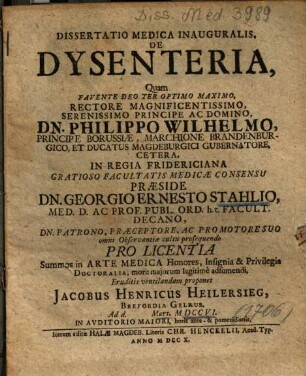 Dissertatio Medica Inauguralis, De Dysenteria