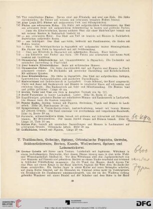 V. Textilsachen, Gobelins, Spitzen, Orientalische Teppiche, Gewebe, Seidenstickereien, Borten, Kaseln, Wollweberei, Spitzen und Leinenstickerei (Nr. 726-1043)
