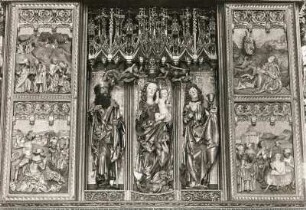Schnitzalter Sankt Jacobus major : Schnitzalter Sankt Jacobus major. Holz, geschnitzt, gefaßt (um 1508; Paul der Schnitzer). Mittelteil und Seitenflügel. Levoca, Sankt Jakobskirche