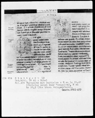 Bibel — Textseite mit zwei historisierten Initialen, Folio 42verso