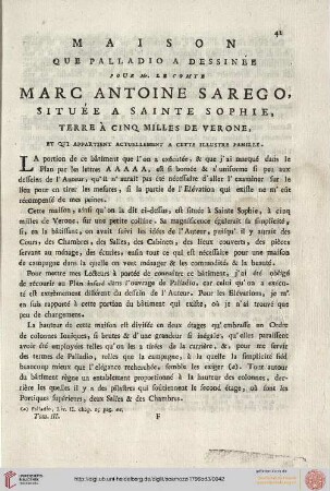 Maison [...] pour Mr. le comte Marc Antoine Sarego