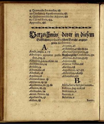 Verzeichnis derer in diesem geistlichen perspectivschen Bericht angezogenen Scribenten: