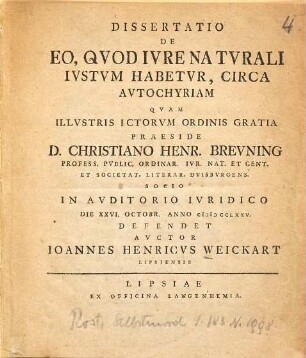 Dissertatio de eo, quod iure naturali iustum habetur, circa autochyriam