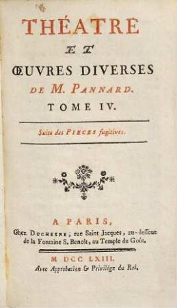 Théatre Et Oeuvres Diverses De M. Pannard, 4. Suite des Pieces fugitives